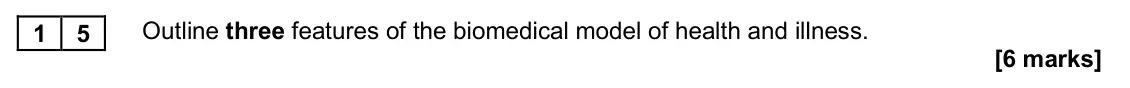 November 2020 AS Paper 2, question 15: Outline three features of the biomedical model of health and illness. [6 marks]