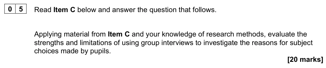 June 2022 Paper 1, question 05: Applying material from Item C and your knowledge of research methods, evaluate the strengths and limitations of using group interviews to investigate the reason