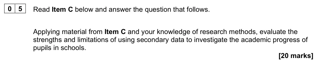 November 2021 Paper 1, question 05: Applying material from Item C and your knowledge of research methods, evaluate the strengths and limitations of using secondary data to investigate the academic