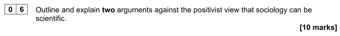 November 2021 Paper 1, question 06: Outline and explain two arguments against the positivist view that sociology can be scientific. [10 marks]