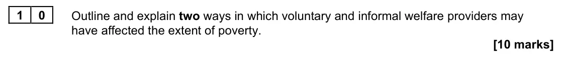 June 2022 Paper 2, question 10: Outline and explain two ways in which voluntary and informal welfare providers may have affected the extent of poverty. [10 marks]