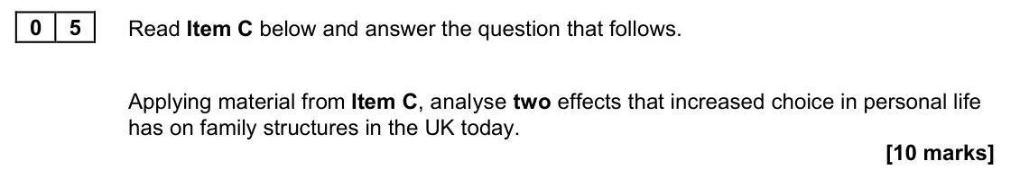 June 2022 Paper 2, question 05: Applying material from Item C, analyse two effects that increased choice in personal life has on family structures in the UK today. [10 marks]