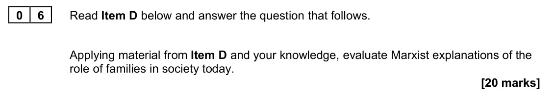 June 2022 Paper 2, question 06: Applying material from Item D and your knowledge, evaluate Marxist explanations of the role of families in society today. [20 marks]