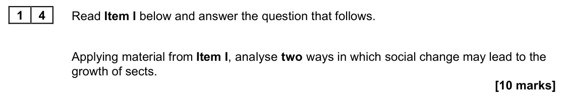 June 2022 Paper 2, question 14: Applying material from Item I, analyse two ways in which social change may lead to the growth of sects. [10 marks]