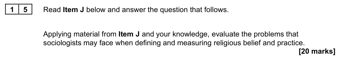 June 2022 Paper 2, question 15: Applying material from Item J and your knowledge, evaluate the problems that sociologists may face when defining and measuring religious belief and practice. [2