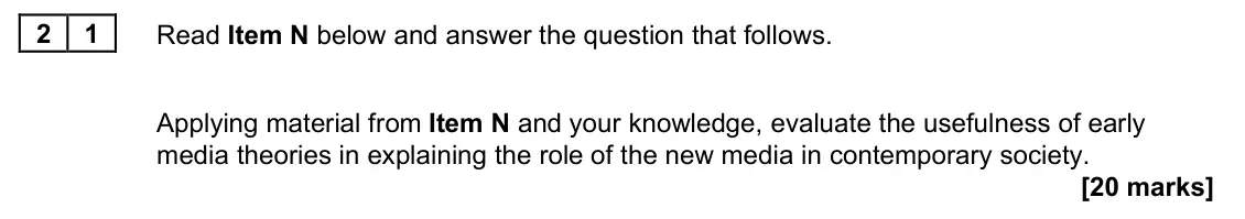 June 2022 Paper 2, question 21: Applying material from Item N and your knowledge, evaluate the usefulness of early media theories in explaining the role of the new media in contemporary societ
