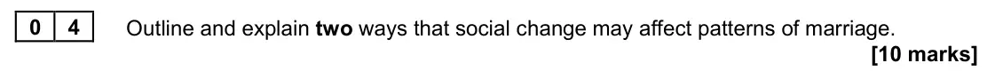 June 2023 Paper 2, question 04: Outline and explain two ways that social change may affect patterns of marriage. [10 marks]