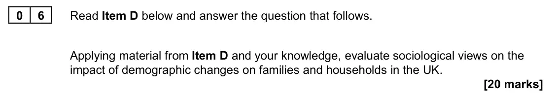 June 2023 Paper 2, question 06: Applying material from Item D and your knowledge, evaluate sociological views on the impact of demographic changes on families and households in the UK. [20 mar