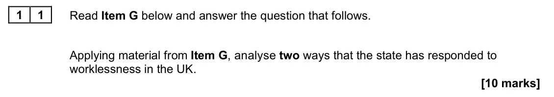 June 2023 Paper 2, question 11: Applying material from Item G, analyse two ways that the state has responded to worklessness in the UK. [10 marks]