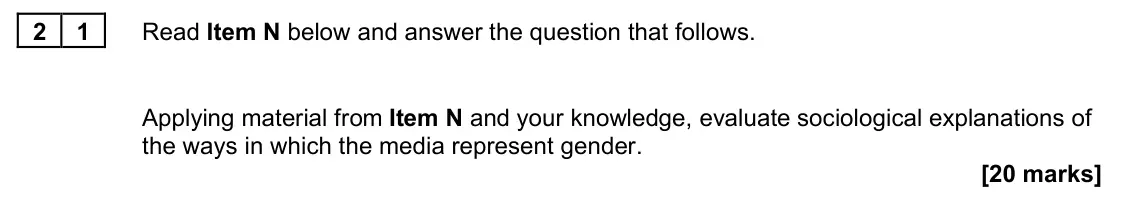 June 2023 Paper 2, question 21: Applying material from Item N and your knowledge, evaluate sociological explanations of the ways in which the media represent gender. [20 marks]