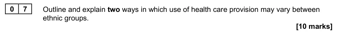June 2024 Paper 2, question 07: Outline and explain two ways in which use of health care provision may vary between ethnic groups. [10 marks]