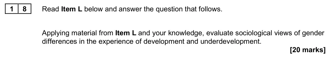 June 2024 Paper 2, question 18: Applying material from Item L and your knowledge, evaluate sociological views of gender differences in the experience of development and underdevelopment. [20 m