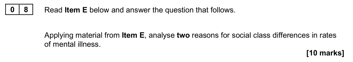 June 2025 Paper 2, question 08: Applying material from Item E, analyse two reasons for social class differences in rates of mental illness. [10 marks]
