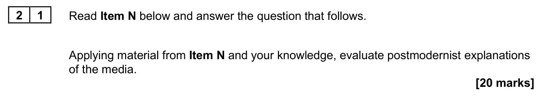 June 2025 Paper 2, question 21: Applying material from Item N and your knowledge, evaluate postmodernist explanations of the media. [20 marks]