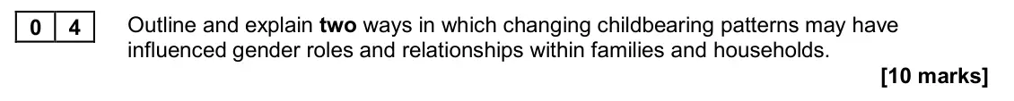 November 2020 Paper 2, question 04: Outline and explain two ways in which changing childbearing patterns may have influenced gender roles and relationships within families and households. [10 mark