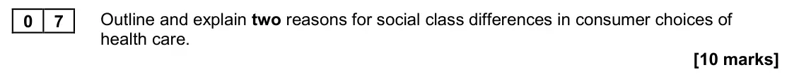 November 2020 Paper 2, question 07: Outline and explain two reasons for social class differences in consumer choices of health care. [10 marks]