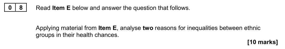 November 2020 Paper 2, question 08: Applying material from Item E, analyse two reasons for inequalities between ethnic groups in their health chances. [10 marks]