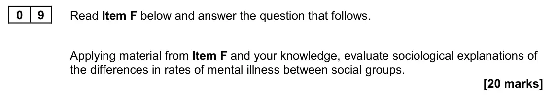 November 2020 Paper 2, question 09: Applying material from Item F and your knowledge, evaluate sociological explanations of the differences in rates of mental illness between social groups. [20 ma