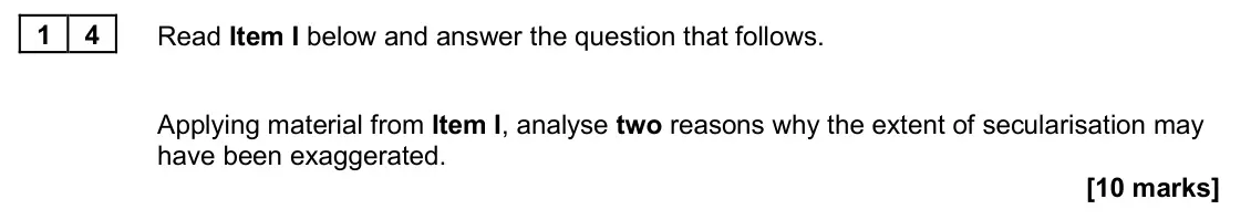 November 2020 Paper 2, question 14: Applying material from Item I, analyse two reasons why the extent of secularisation may have been exaggerated. [10 marks]