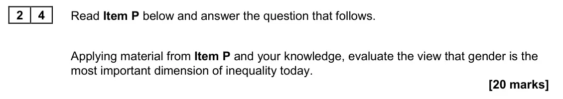 November 2020 Paper 2, question 24: Applying material from Item P and your knowledge, evaluate the view that gender is the most important dimension of inequality today. [20 marks]