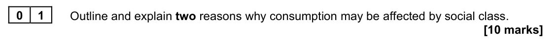 November 2021 Paper 2, question 01: Outline and explain two reasons why consumption may be affected by social class. [10 marks]