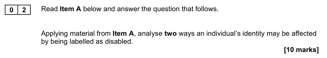 November 2021 Paper 2, question 02: Applying material from Item A, analyse two ways an individual’s identity may be affected by being labelled as disabled. [10 marks]
