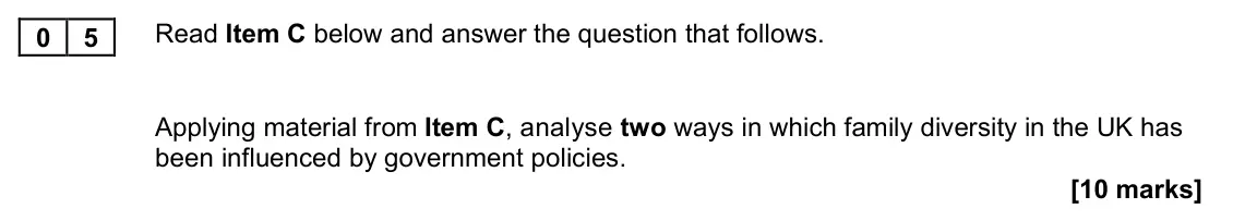 November 2021 Paper 2, question 05: Applying material from Item C, analyse two ways in which family diversity in the UK has been influenced by government policies. [10 marks]