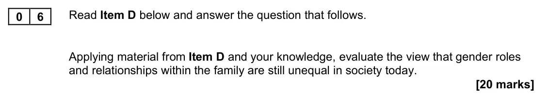 November 2021 Paper 2, question 06: Applying material from Item D and your knowledge, evaluate the view that gender roles and relationships within the family are still unequal in society today. [2
