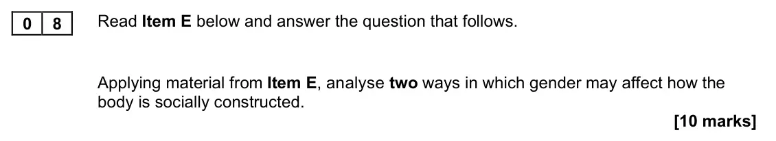 November 2021 Paper 2, question 08: Applying material from Item E, analyse two ways in which gender may affect how the body is socially constructed. [10 marks]