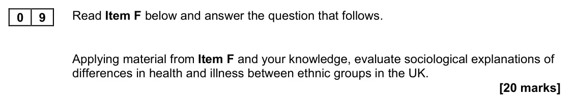 November 2021 Paper 2, question 09: Applying material from Item F and your knowledge, evaluate sociological explanations of differences in health and illness between ethnic groups in the UK. [20 m