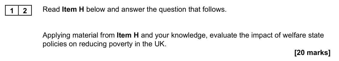 November 2021 Paper 2, question 12: Applying material from Item H and your knowledge, evaluate the impact of welfare state policies on reducing poverty in the UK. [20 marks]
