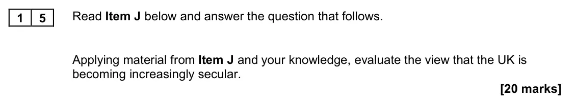 November 2021 Paper 2, question 15: Applying material from Item J and your knowledge, evaluate the view that the UK is becoming increasingly secular. [20 marks]
