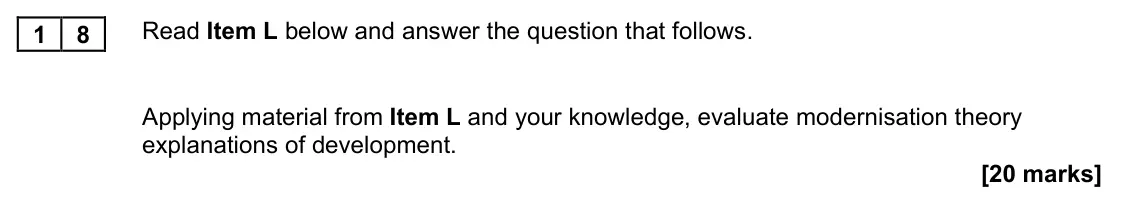 November 2021 Paper 2, question 18: Applying material from Item L and your knowledge, evaluate modernisation theory explanations of development. [20 marks]