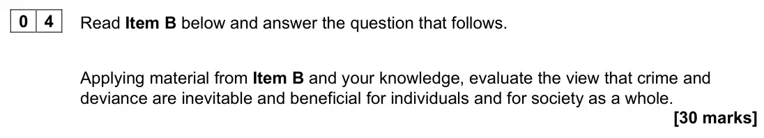 June 2022 Paper 3, question 04: Applying material from Item B and your knowledge, evaluate the view that crime and deviance are inevitable and beneficial for individuals and for society as a w