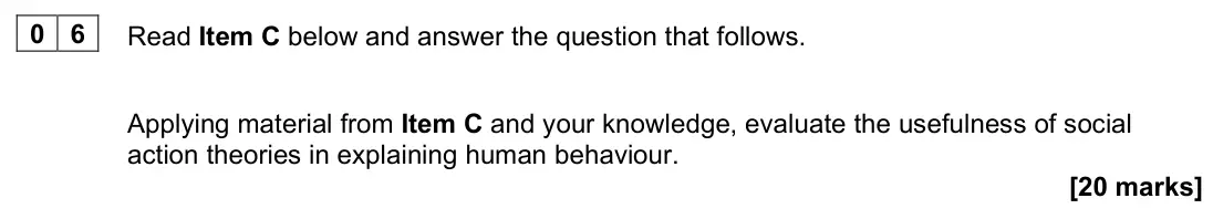 June 2022 Paper 3, question 06: Applying material from Item C and your knowledge, evaluate the usefulness of social action theories in explaining human behaviour. [20 marks]
