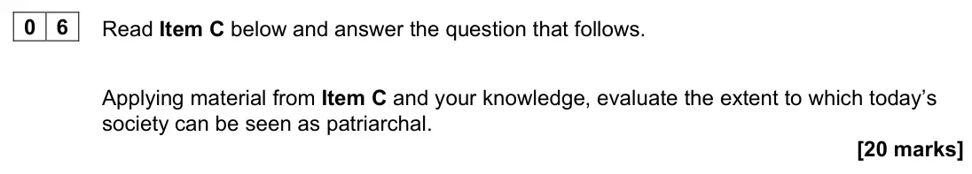 June 2023 Paper 3, question 06: Applying material from Item C and your knowledge, evaluate the extent to which today’s society can be seen as patriarchal. [20 marks]