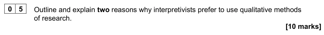 June 2023 Paper 3, question 05: Outline and explain two reasons why interpretivists prefer to use qualitative methods of research. [10 marks]