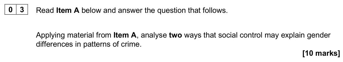 June 2024 Paper 3, question 03: Applying material from Item A, analyse two ways that social control may explain gender differences in patterns of crime. [10 marks]