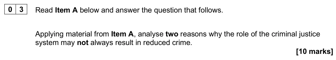 June 2025 Paper 3, question 03: Applying material from Item A, analyse two reasons why the role of the criminal justice system may not always result in reduced crime. [10 marks]