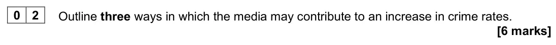June 2025 Paper 3, question 02: Outline three ways in which the media may contribute to an increase in crime rates. [6 marks]