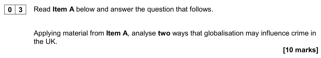 November 2020 Paper 3, question 03: Applying material from Item A, analyse two ways that globalisation may influence crime in the UK. [10 marks]