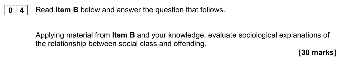 November 2020 Paper 3, question 04: Applying material from Item B and your knowledge, evaluate sociological explanations of the relationship between social class and offending. [30 marks]