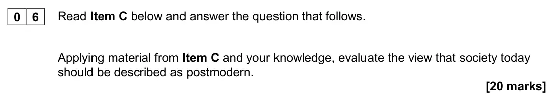 November 2020 Paper 3, question 06: Applying material from Item C and your knowledge, evaluate the view that society today should be described as postmodern. [20 marks]