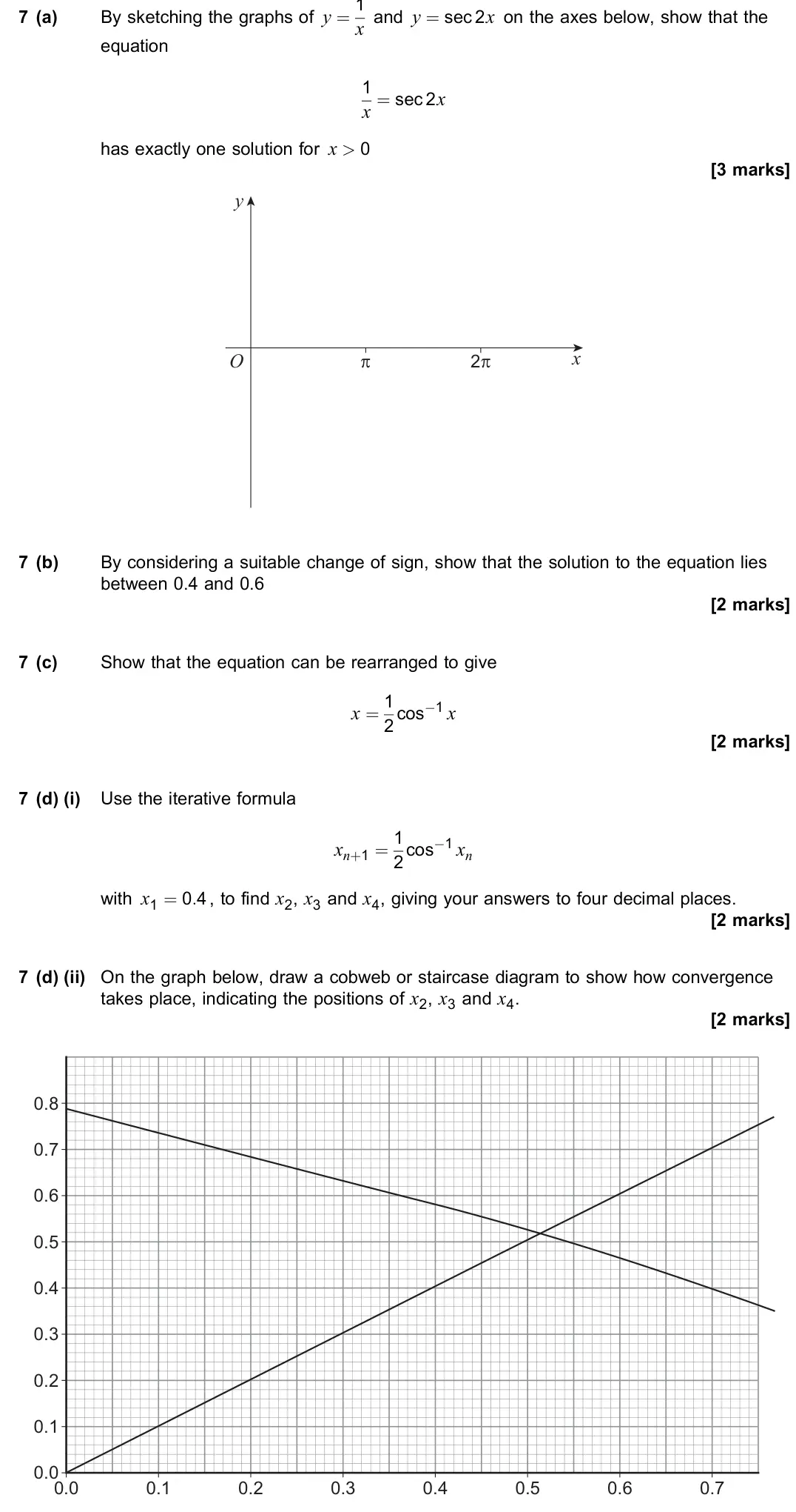 June 2019 Paper 1, question 7: (a) By sketching the graphs of y = 1 x and y = sec 2x on the axes below, show that the equation 1 x = sec 2x has exactly one solution for x > 0 [3 marks] x ϖ 2ϖ