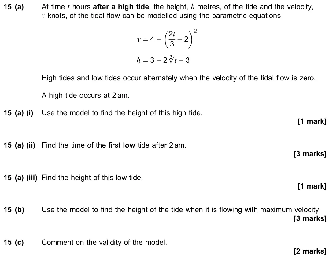 June 2019 Paper 1, question 15: (a) At time t hours after a high tide, the height, h metres, of the tide and the velocity, v knots, of the tidal flow can be modelled using the parametric equat
