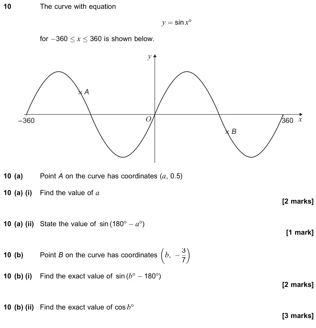 June 2023 Paper 1, question 10: The curve with equation y = sinx° for −360 × x × 360 is shown below. A – 360 O y x B 360 10 (a) Point A on the curve has coordinates (a, 0.5) 10 (a) (i) Find th