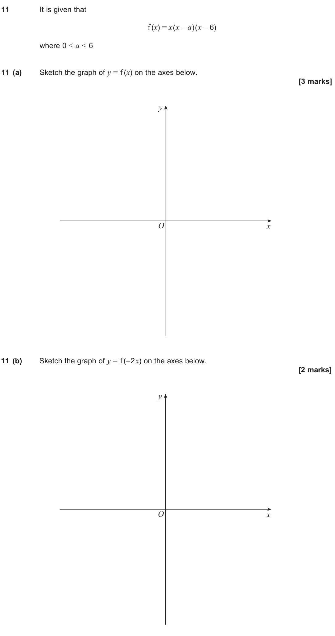 June 2024 Paper 1, question 11: It is given that f (x) = x(x – a)(x – 6) where 0 < a < 6 11 (a) Sketch the graph of y = f (x) on the axes below. [3 marks] y x O 11 (b) Sketch the graph of y = 