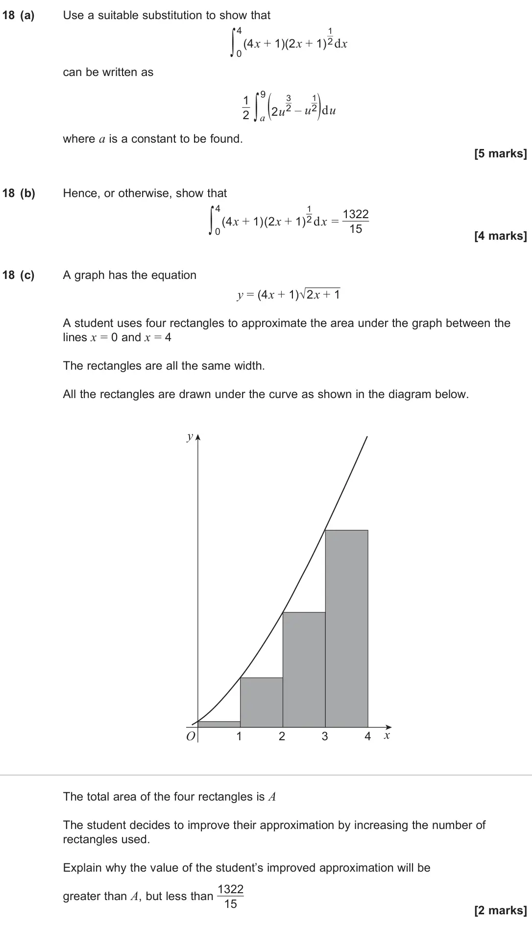 June 2024 Paper 1, question 18: (a) Use a suitable substitution to show that ∫ 4 0 (4x + 1)(2x + 1) 1 2 dx can be written as 1 2 ∫ 9 a (2u 3 2 – u 1 2)du where a is a constant to be found. [5