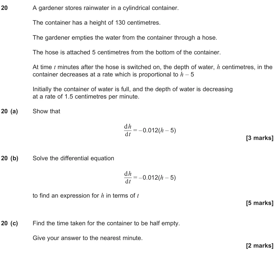 June 2024 Paper 1, question 20: A gardener stores rainwater in a cylindrical container. The container has a height of 130 centimetres. The gardener empties the water from the container through
