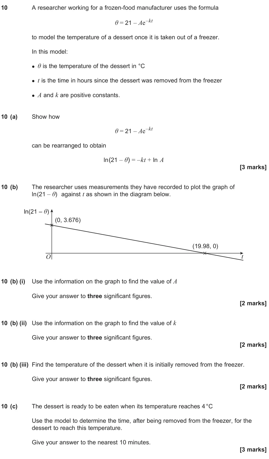 June 2025 Paper 1, question 10: A researcher working for a frozen-food manufacturer uses the formula θ = 21 – Ae–kt to model the temperature of a dessert once it is taken out of a freezer. In